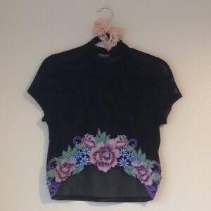 Fashion Nova Black Sheer Floral Embroidered Mock Neck Short Sleeve Crop Top